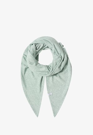 Sciarpa verde menta realizzata in un tessuto morbido, con un motivo testurizzato. Progettata in uno stile drappeggiato, con estremità appuntite e un'etichetta visibile.