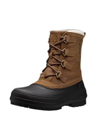 Bota de invierno de cuero marrón y goma con un diseño de cordones, cuello de piel y detalles de metal; suela de goma texturada para mayor agarre.