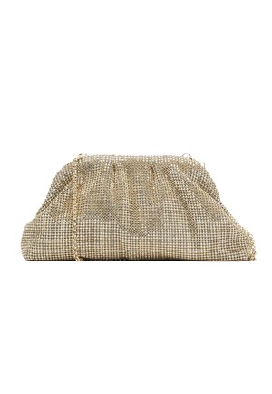 Metallic-goldfarbenes Clutch-Täschchen aus Mesh mit gerafftem Oberteil und Kettenriemen. Verfügt über ein Gitternetzmuster aus kleinen glänzenden Elementen und eine strukturierte Form.