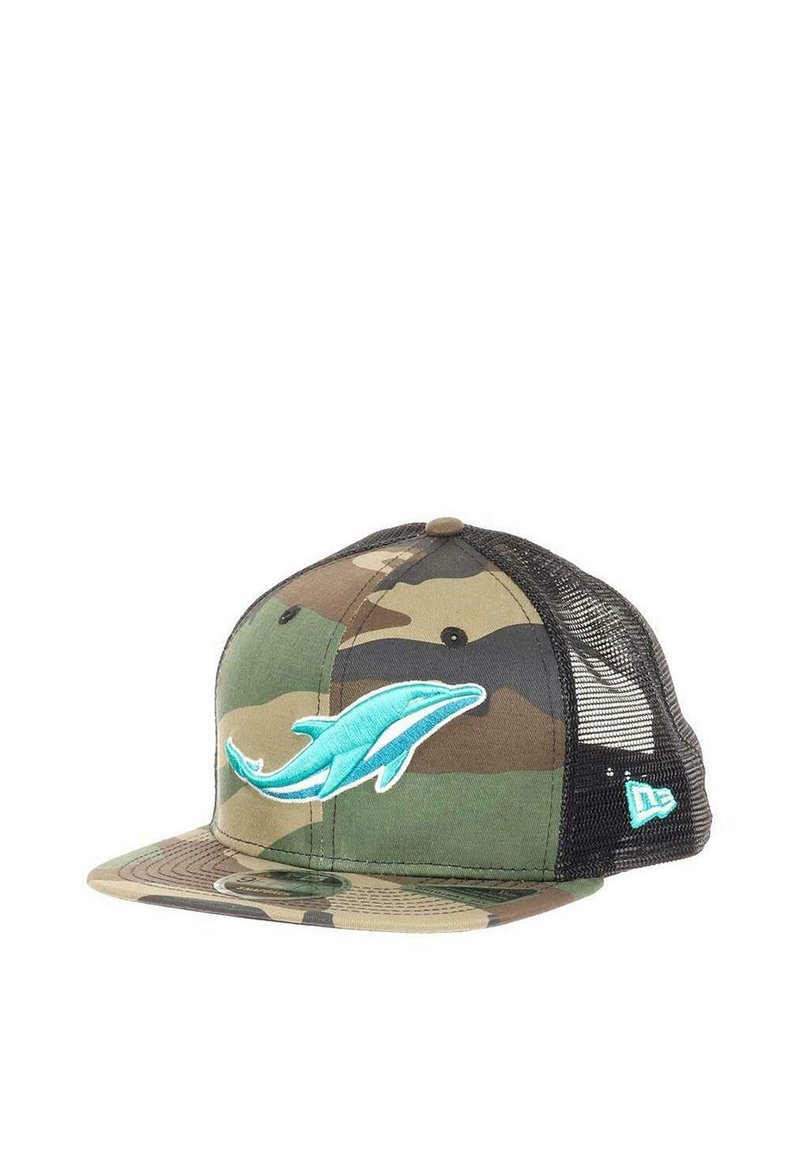 Camouflage cap with a flat brim, mesh back, and a teal dolphin logo on the front. Fabric features varying shades of green and brown.