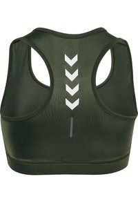 Reggiseno sportivo verde oliva con design a racerback, caratterizzato da dettagli a zigzag bianchi e verticali sulla schiena. Realizzato in materiale liscio ed elastico.