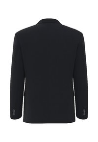 Schwarzer maßgeschneiderter Blazer, einreihig mit Reverskragen, langen Ärmeln und zwei Seitentaschen. Glattes Material mit strukturiertem Schnitt.