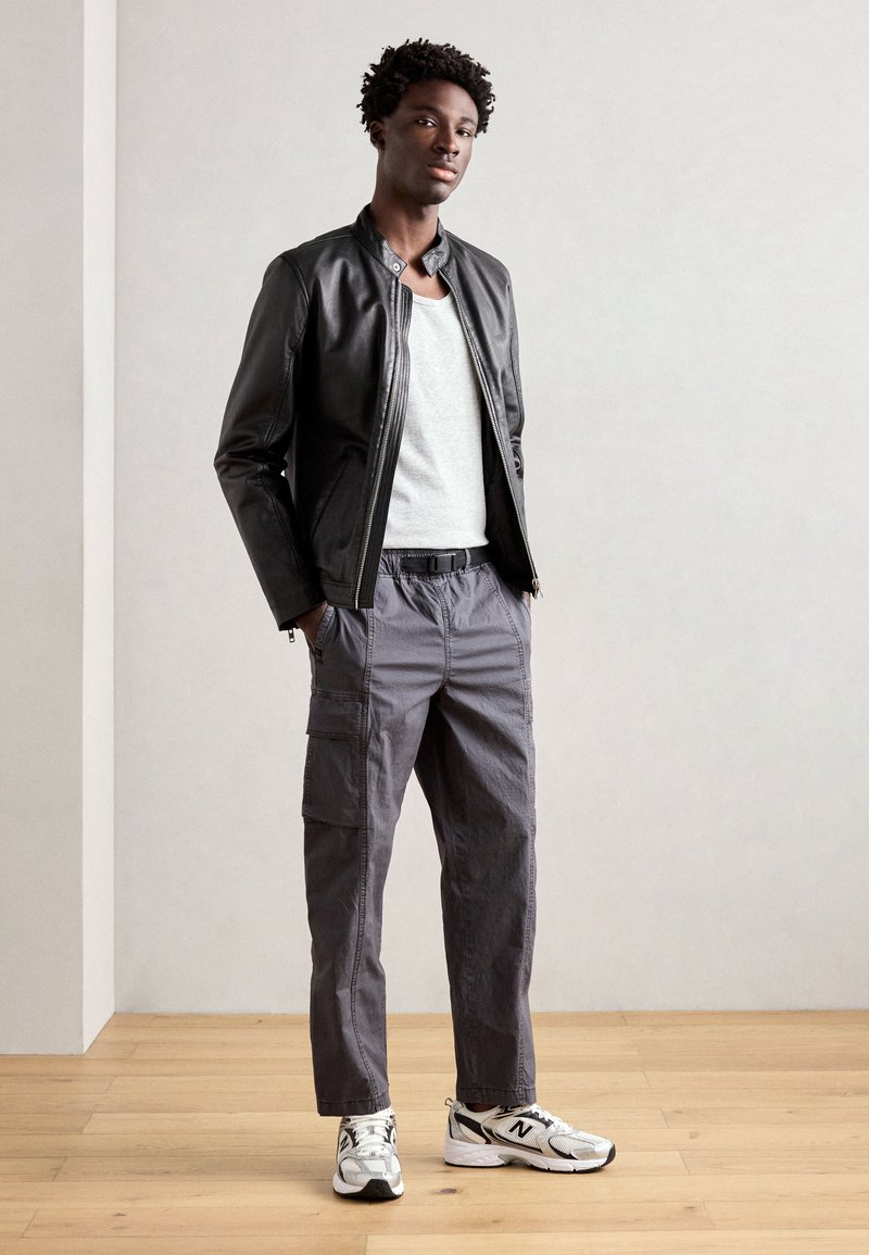 Leather Jacket Grey Chinos With Black Shirt INDICODE JEANS Cargo