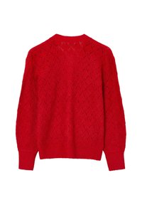 Roter gestrickter Pullover mit einem Rautenmuster, runder Ausschnitt und langen Ärmeln. Der Stoff ist strukturiert und leicht.