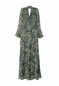 Vestido largo de manga larga con cuello alto, puños con volantes, escote de llave y un patrón abstracto en verde, beige y negro.