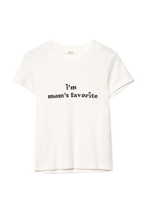 White cotton t-shirt with short sleeves, featuring black text that reads, "I'm mom's favorite," printed on the front. Simple round neckline.