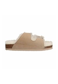 Beige sandaal van zacht suede en pluche voering. Heeft een open teen, een gebogen vorm en een kurken voetbed voor comfort.