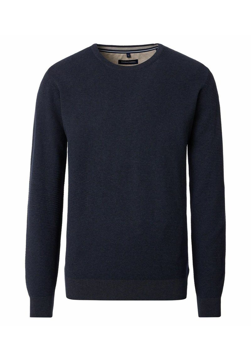 Mörkblå tröja med rund halsringning och långa ärmar, gjord av strukturstickad tyg, designad för män.