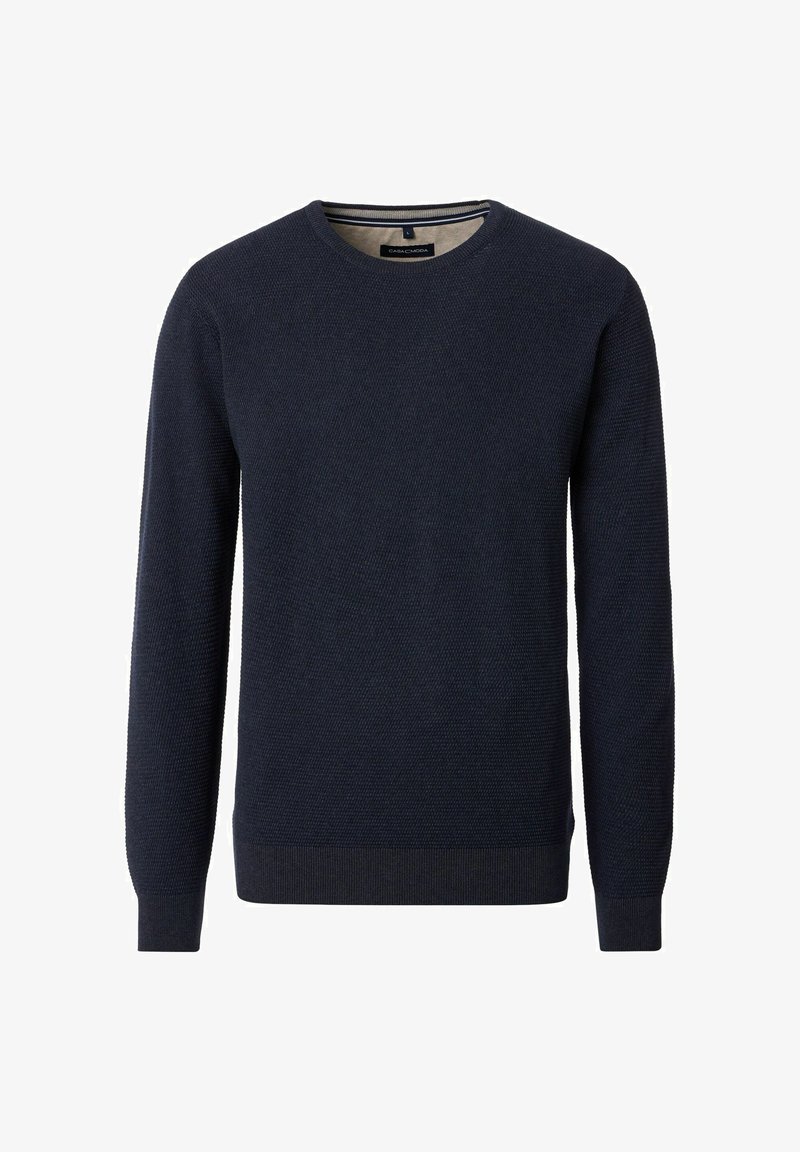 Granatowy sweter w serek z długimi rękawami i textured dzianiny, zaprojektowany dla mężczyzn.