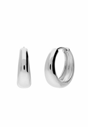 Pair of polished silver hoop earrings, one showing rounded outer surface and the other showing inner clasp mechanism.