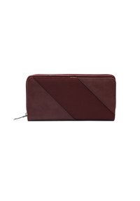 Burgundy wallet with diagonal leather and suede panels, zip closure, rectangular shape, smooth texture, and subtle stitching detail.