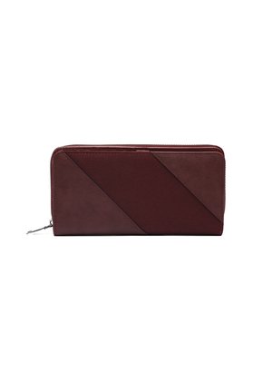 Burgundy wallet with diagonal leather and suede panels, zip closure, rectangular shape, smooth texture, and subtle stitching detail.
