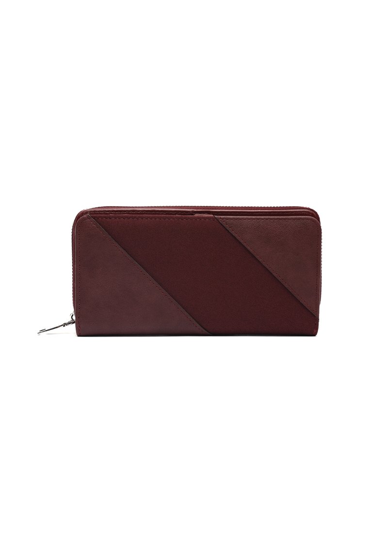 Burgundy wallet with diagonal leather and suede panels, zip closure, rectangular shape, smooth texture, and subtle stitching detail.
