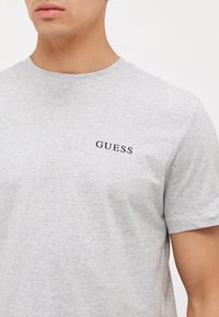 Halli lühikese varrukaga t-särk, mis on valmistatud puuvillast, ümarate servadega kaelusega ja vasakul rinnal musta "GUESS" logoga. Sile tekstuur.