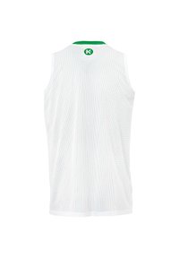 Canotta sportiva bianca in rete senza maniche con un girocollo verde e un piccolo logo verde sulla parte posteriore. Tessuto leggero e traspirante.