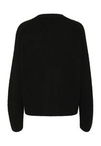 Svart tröja med avslappnad passform, lång ärm, ribbade ärmslut och en texturerad väv. Bakifrån visar den en enfärgad och enkel design.