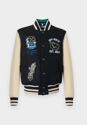 Veste universitaire noire avec manches crème, col et poignets rayés, boutons-pression frontaux, et plusieurs logos et motifs brodés Off-White.