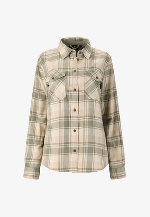 Beige und salbeigrünes kariertes Hemd zum Knöpfen mit langen Ärmeln, zwei Brustklappen und spitzem Kragen.