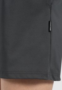 Grijze sportshorts gemaakt van rekbare stof, met een soepele textuur, gestikte zoom en een klein merkteken aan de zijkant.
