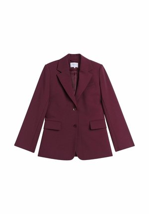 Enkele knoops donkergroene blazer met twee knopen, notch revers, klepzakken en lange mouwen, plat gelegd op een witte achtergrond.