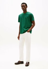 Grønstribet t-shirt lavet af letvægtsstof, parret med hvide bukser. Modellen har mørkebrun loafers på og står imod en ensfarvet baggrund.
