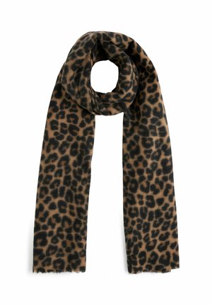 Hnědý a černý šátek s leopardím vzorem, s jemnou texturou, volně smotaný nahoře, vystavený na bílém pozadí.