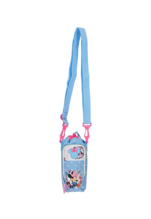 Bolso bandolera azul con correa ajustable, cierres rosas y diseños de Minnie Mouse y flores en el bolsillo delantero.