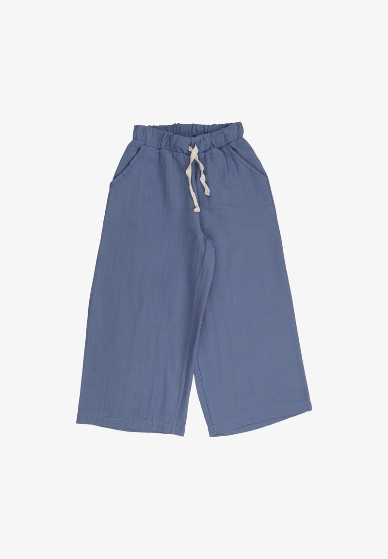 Light blue, wide-leg pants made from soft material with an elastic waistband and drawstring. Features two side pockets.