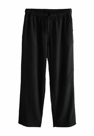 Schwarze locker sitzende Hose mit elastischem Bund und Kordelzug, geraden Beinen und Seitentaschen.