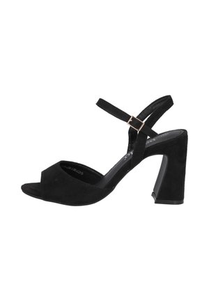 Schwarze Wildleder-Open-Toe-Absätze mit einem breiten Riemen und verstellbarer Knöchel-Schnalle. Mit einem quadratischen Blockabsatz für mehr Stabilität.