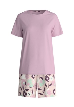 Lilac cotton t-shirt with short sleeves paired with light pink shorts featuring a floral pattern in purple and mint green accents.