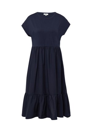 Navyblauwe katoenen jurk met korte mouwen, een getailleerde lijfje en een gelaagde, uitlopende rok. Zachte textuur met een casual, losse pasvorm.