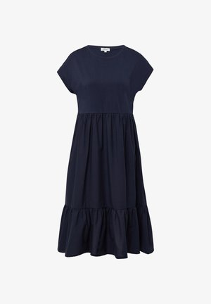 Navyblauwe katoenen jurk met korte mouwen, een getailleerde lijfje en een gelaagde, uitlopende rok. Zachte textuur met een casual, losse pasvorm.