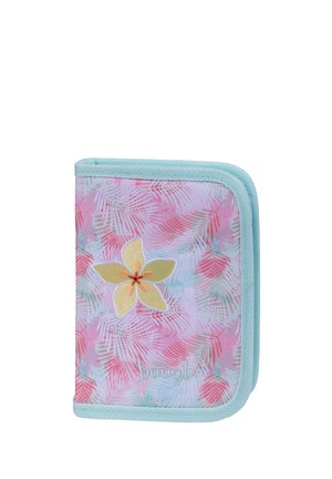 Kompaktes rosa und blaues Stofftäschchen mit Palmenblattmuster, gelber Blumenstickerei und hellblauer Umrandung, mit Reißverschluss geschlossen.
