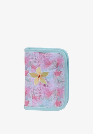 Kompaktes rosa und blaues Stofftäschchen mit Palmenblattmuster, gelber Blumenstickerei und hellblauer Umrandung, mit Reißverschluss geschlossen.