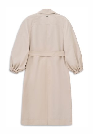 Beige long coat with elasticated puff sleeves, wide collar, and belt detail shown from the back on a white background.