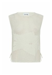 Vit stickad ärmlös topp med ett blommönster, öppen vävstruktur och sidoknyten för justerbar passform. Etikett synlig vid halsringningen.