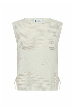 Witte gebreide mouwloze top met een bloemenpatroon, open weefstructuur en zijknopen voor een verstelbare pasvorm. Label zichtbaar bij de halslijn.