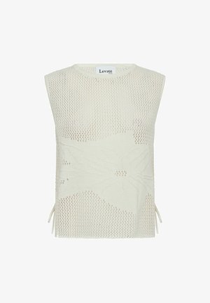 Hvid strikket ærmeløs top med blomstermønster, åben vævet tekstur og sideløkker til justerbar pasform. Etiketten er synlig ved halsudskæringen.