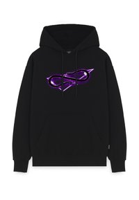 Felpa nera con tasca frontale a marsupio, caratterizzata da un logo a simbolo infinito viola al centro. Tessuto morbido, con polsini e orlo a costine.