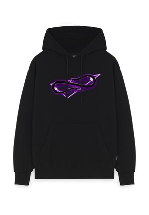 Felpa nera con tasca frontale a marsupio, caratterizzata da un logo a simbolo infinito viola al centro. Tessuto morbido, con polsini e orlo a costine.