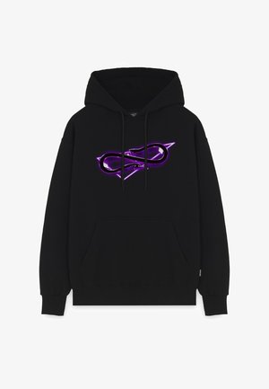 Felpa nera con tasca frontale a marsupio, caratterizzata da un logo a simbolo infinito viola al centro. Tessuto morbido, con polsini e orlo a costine.