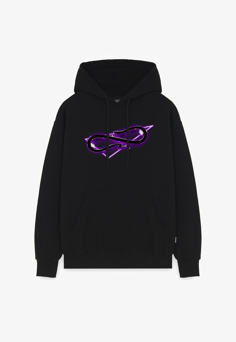 Felpa nera con tasca frontale a marsupio, caratterizzata da un logo a simbolo infinito viola al centro. Tessuto morbido, con polsini e orlo a costine.