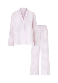 Lys rosa stribede pyjamasæt bestående af en knap-op langærmet skjorte og bukser med elastisk talje. Fremstillet af blødt stof med en afslappet pasform.