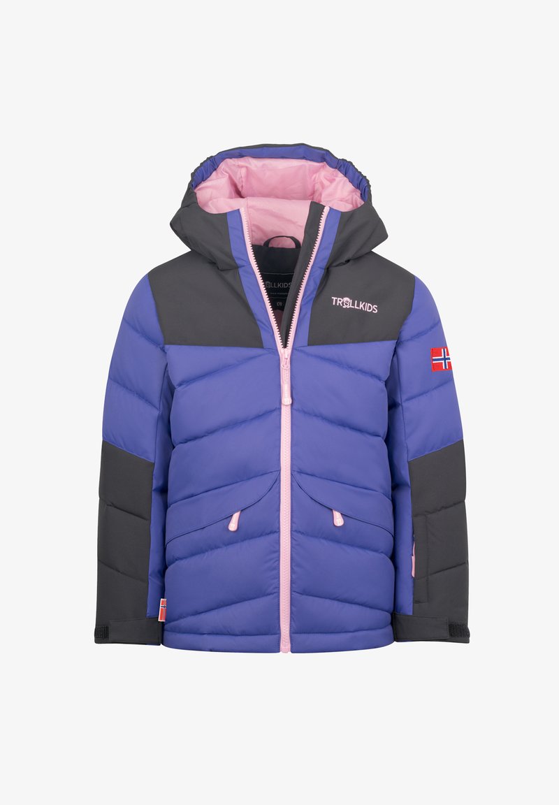 Purple puffer jacket with gray accents, a pink lining, zip closure, and two zippered pockets. Features an adjustable hood and textured sleeves.