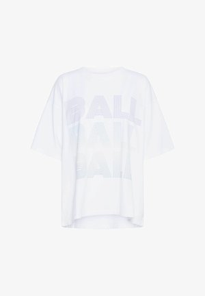 Biała graficzna koszulka z krótkim rękawem, z napisem "BALL" wydrukowanym w pastelowych literach w linii. Luźny, swobodny krój z zaokrąglonym dołem.