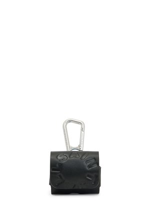 Black leather pouch with embossed "SAINT" text, featuring a silver carabiner clip for attachment. Smooth texture, compact rectangular shape.