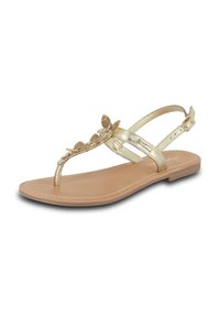 Sandale dorée métallisée avec un design à doigt de pied, présentant des accents décoratifs en forme de feuille. Semelle plate avec une fine sangle de cheville, semelle intérieure beige clair.