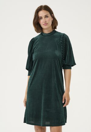 Robe en velours verte avec des rayures verticales, col haut et manches courtes bouffantes. Ourlet à hauteur de genoux avec un léger éclat et une coupe décontractée.