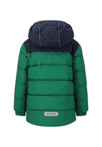 Puffjacka med grön kropp och marinblå huva, med quiltad textur, elastiska ärmslut och en logotypdetalj på den nedre ryggen.